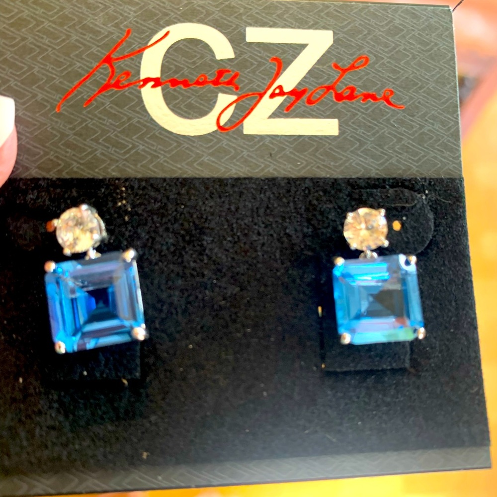 Square cut drop earrings in sea water blue.